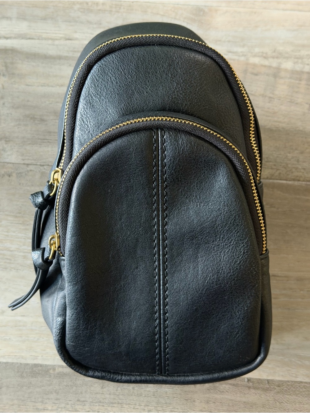Sonoma Black Leather Belt Sling Bag with Gold Zippers